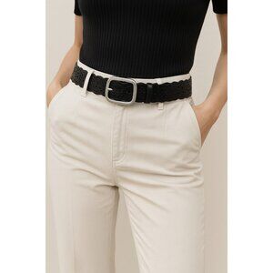 Black Leather Scalloped Cutout Belt Floral Laser Cut Silver Buckle Women Sze48in